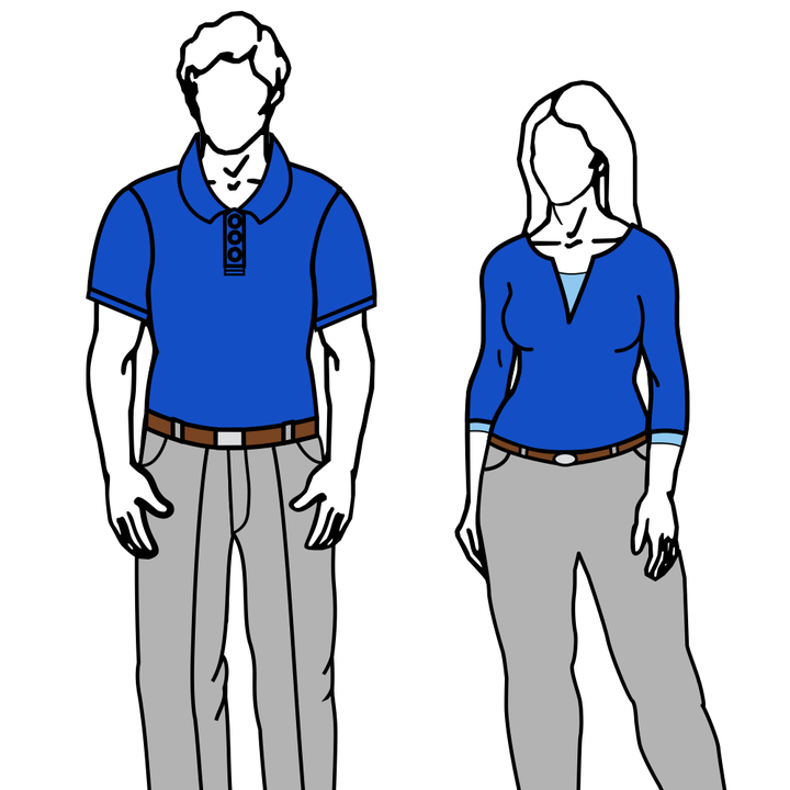 Line illustration of two people in business casual dress: one in a collared polo shirt with grey slacks and a belt, one in a long-sleeved top with grey slacks and a belt.