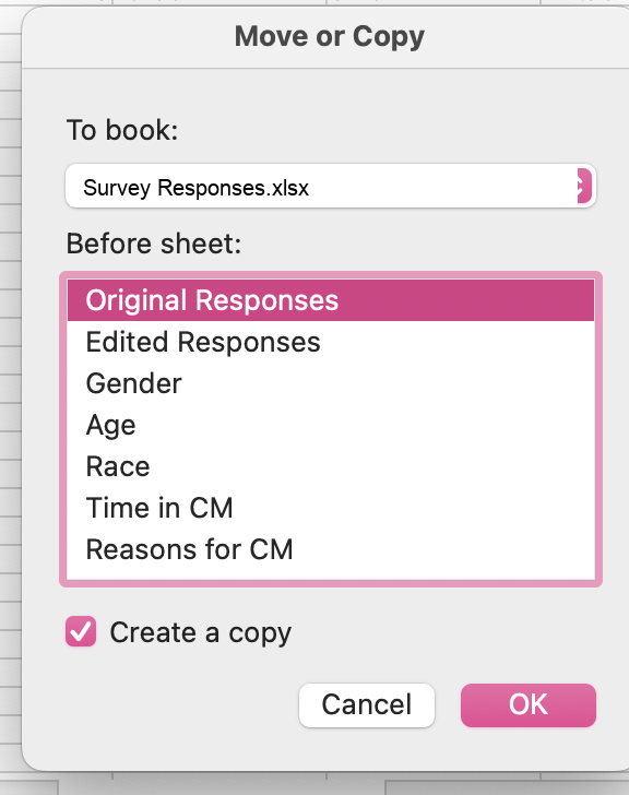The Excel Move or Copy dialog with a workbook selected and the Create a copy checkbox ticked.