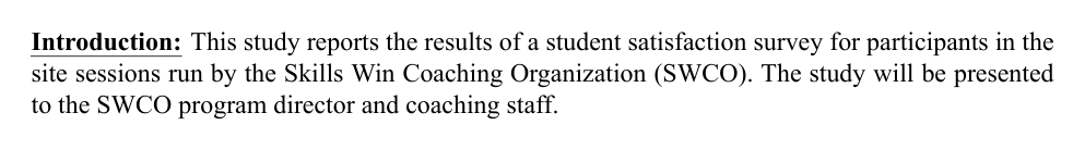 Example executive summary introduction: a bold underlined Introduction label followed by a short paragraph stating what the study reports and who it will be presented to.