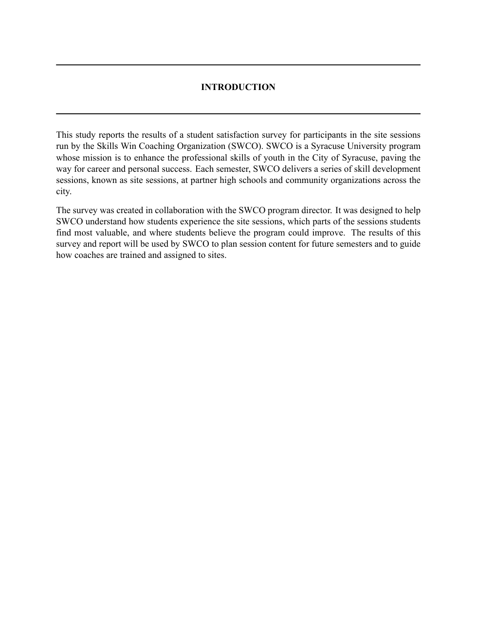 A complete example Introduction page: the INTRODUCTION section header between two rules, followed by two paragraphs describing the client organization and what the report will be used for.