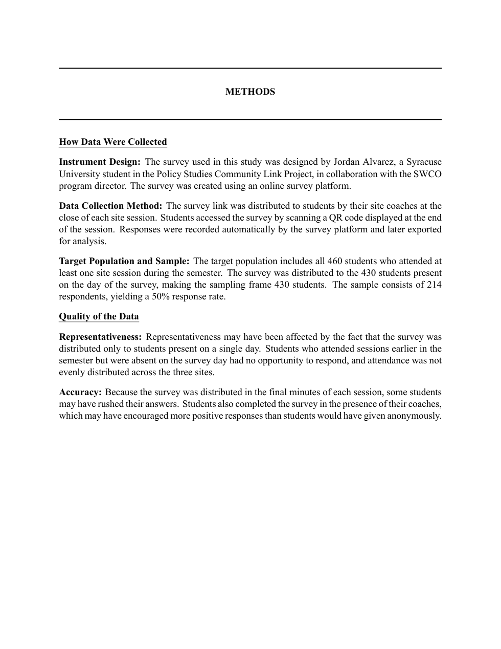 A complete example Methods page with underlined How Data Were Collected and Quality of the Data headings, and bold sub-labels for Instrument Design, Data Collection Method, Target Population and Sample, Representativeness, and Accuracy.