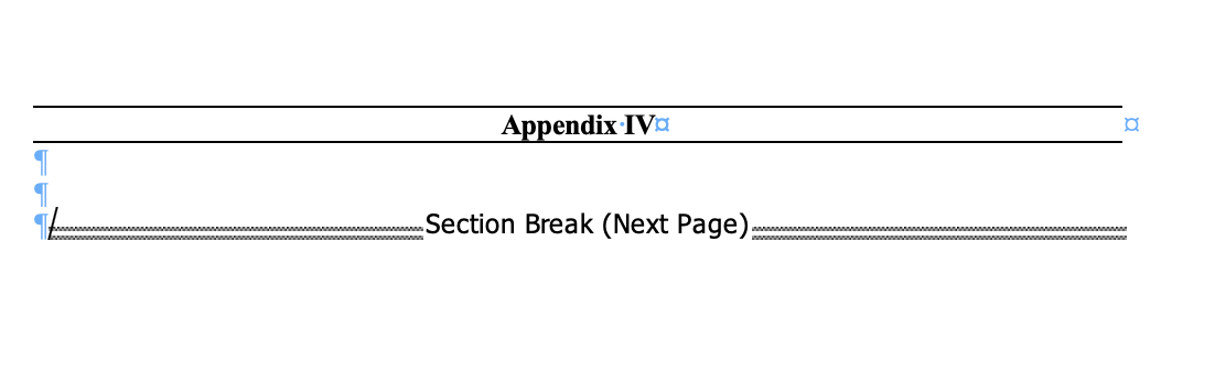 A document with formatting marks visible, showing a section break.